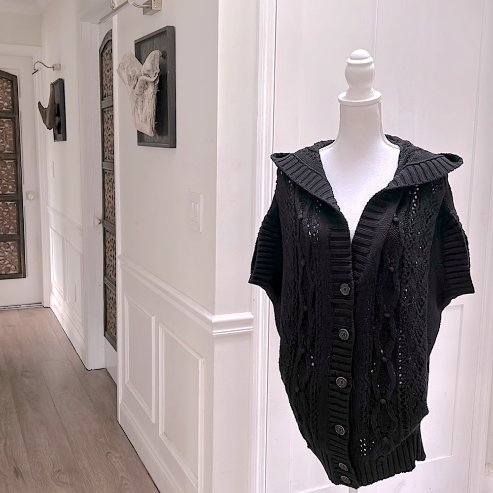 Moda Intl Womens Black Cotton Hooded Cable Knit‎ Cardigan S Dark Academia Cozy